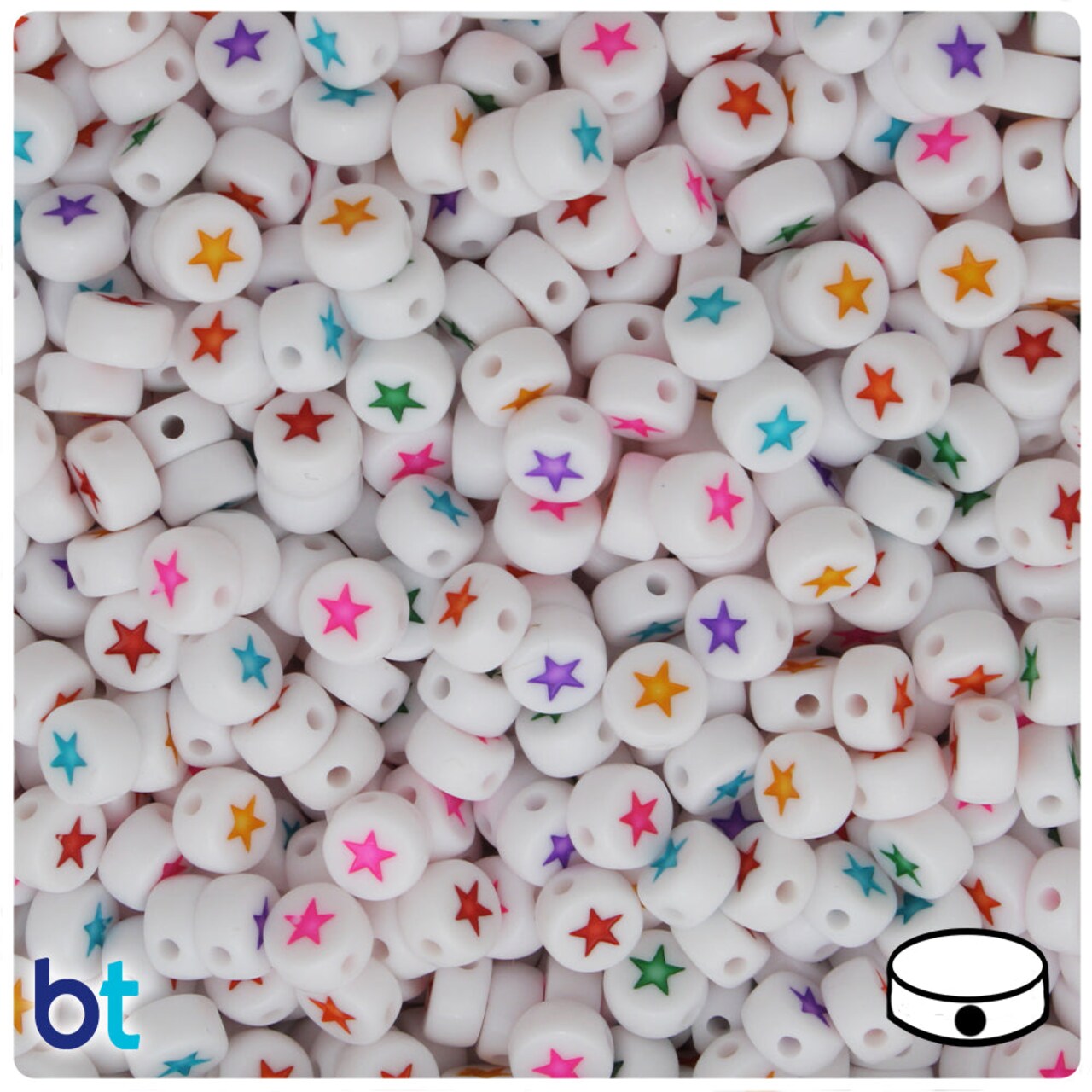 BeadTin White Opaque 7mm Coin Plastic Alpha Beads - Colored Stars (250pcs)